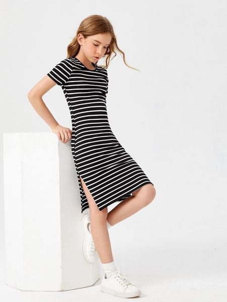 

girls striped split hem dress she, Red;yellow