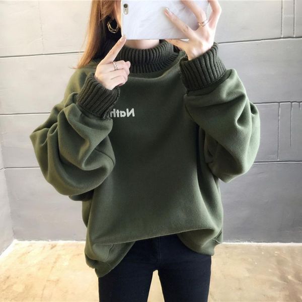 

winter thick patchwork hoodie women autumn long sleeve oversized letter printed turtleneck korean harajuku streetwear green1, Black