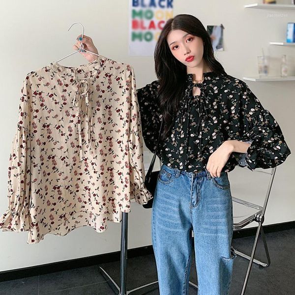 

women's neck floral printing loose leisure chiffon blouse shirts1, White