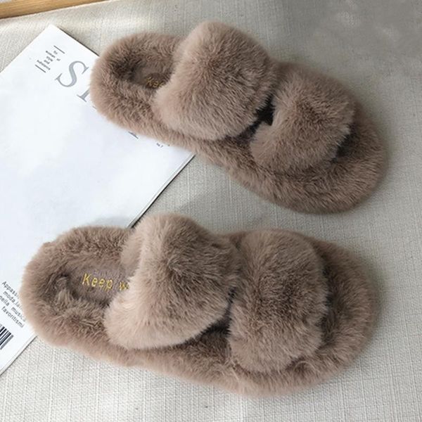 

winter women house fuzzy slippers fashion faux fur warm shoes women slip on flats female home slides black plush slippers