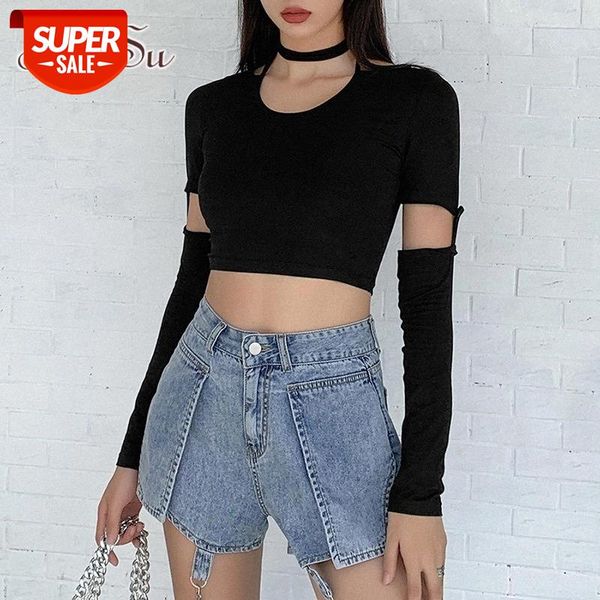 

gothic patchwork halter t-shirts punk grunge black hollow out sleeve crop for women slim fashion streetwear 2020 ts52462 #cq6g, White