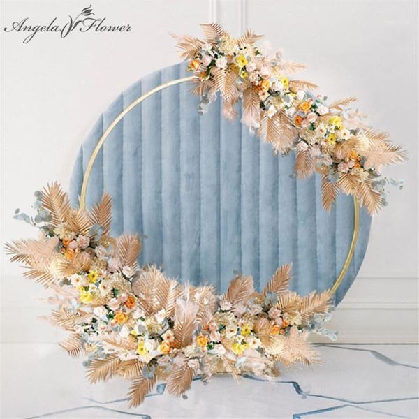 

custom artificial flower row champagne wedding props iron arch background decor party stage golden plants flower arrangement diy1