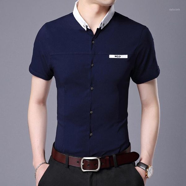 

2020 fashion casual men's slim shirts mens solid color workout summer slim fit street wear short sleeve button up casual clothes1, White;black