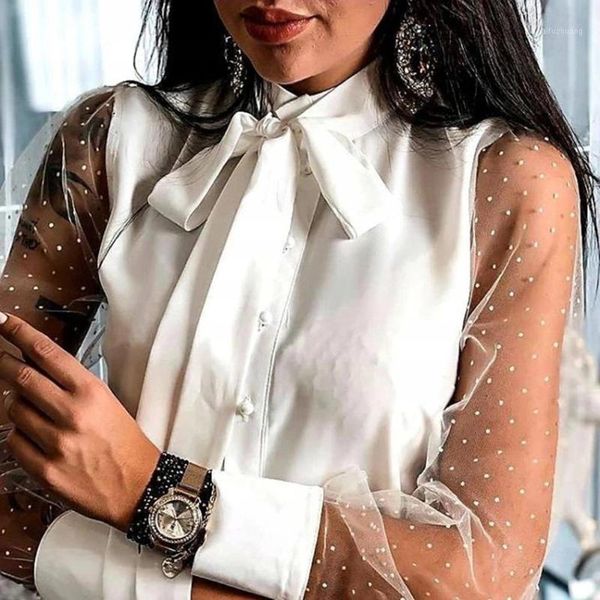

women shirt fashion see through sleeve stand collar ribbon loose buttons shirt lady autumn blouse streetwear1, White