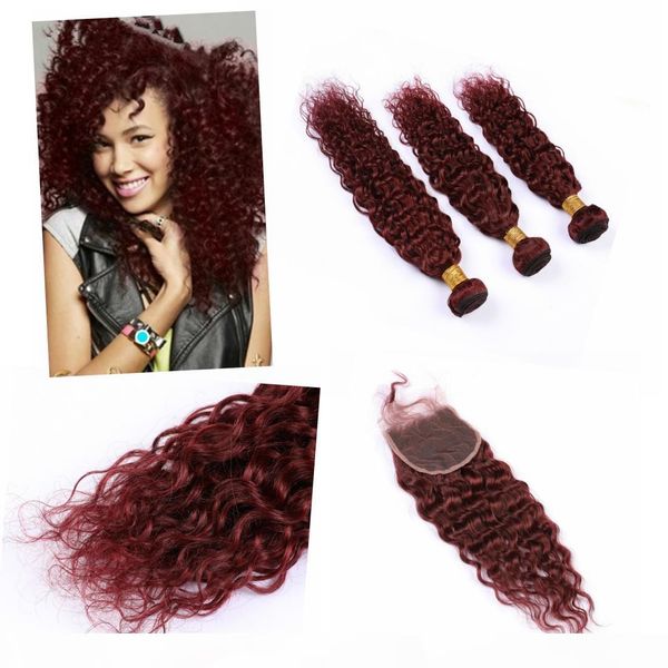 

indian #99j water wave human hair bundles with closure 4" * 4" water wavy 3 bundles with closure, Black;brown