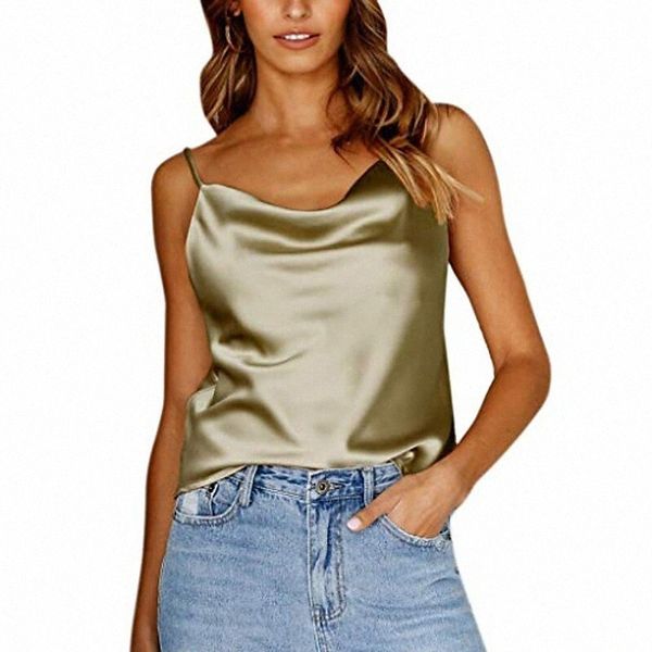 

women's silk tank ladies camisole silky loose sleeveless v neck strappy blouse tank shirt with soft satin army green k2ym#, White