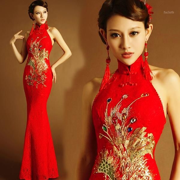 

chinese traditional dress red long mermaid qipao lace style wedding cheongsam dress modern phoenix elegant plus size embroidery1