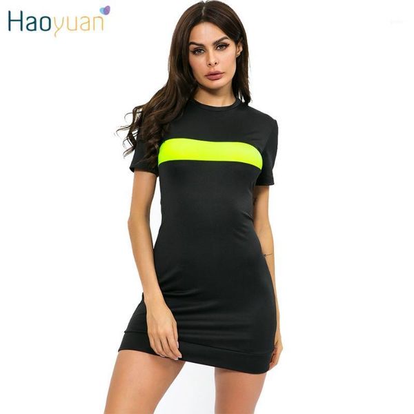 

haoyuan black t shirt dress summer clothes for women mini vestidos neon green splice causual short sleeve bodycon dresses1, Black;gray