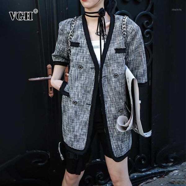 

vgh plaid elegant coat for women v neck half sleeve pocket loose oversized coats female 2020 autumn fashion clothing new1, Black;brown