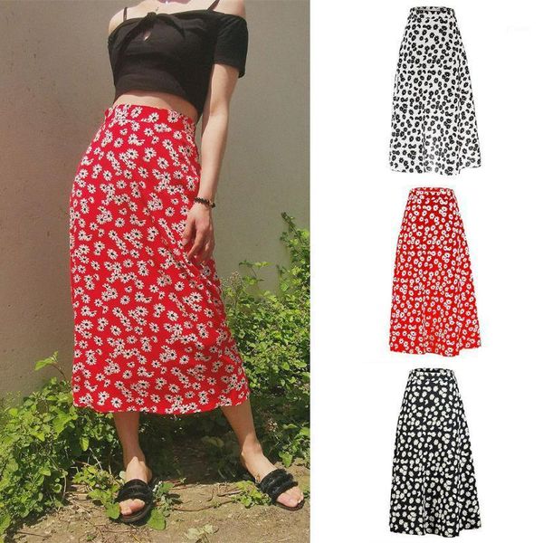 

vintage floral print ruffle pleated long skirts summer women korean skirt streetwear drawstring elastic waist midi skirt s-xxl1, Black