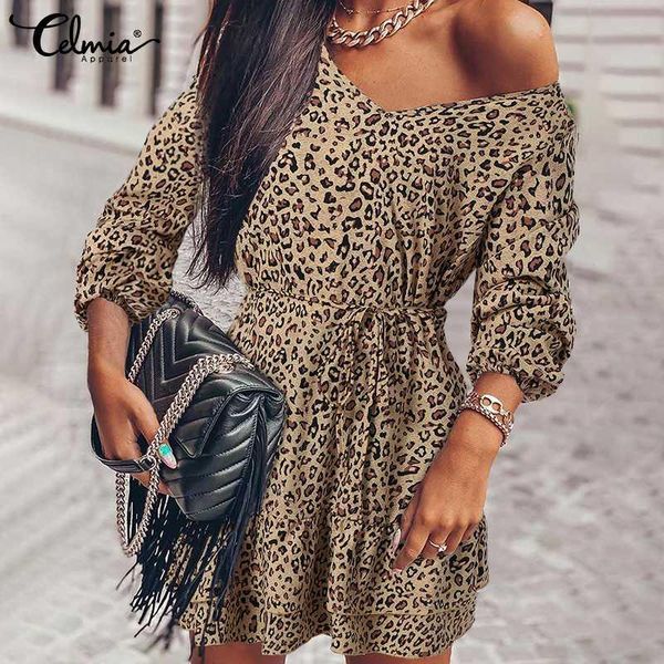 

mini dress celmia women v-neck leopard dresses celmia fashion club party ruffles belted dresses female long sleeve vestidos, Black;gray