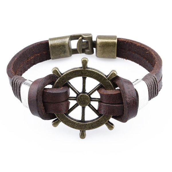 

charm bracelets hawson coffee/dark brown leather rudder bracelet for men vintage rope handmade bangles jewelry, Golden;silver