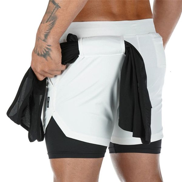 

summer men's 2 in 1 casual loose male comfortable breathable shorts multi-pocket fashion men clothing, White;black