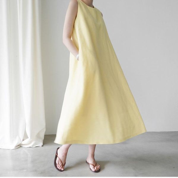 

lanmrem 2021 cotton and linen sleeveless vest style dresses female summer loose knee-length women's clothes with pockets yj239, Black;gray