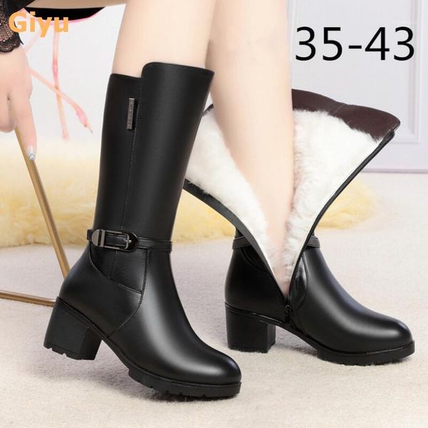 

brand genuine leather women's boots fashion high heel wool boots thick with plus size winter shoes knee-length motorcycle1, Black