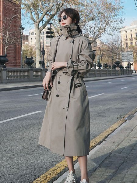 

2021 new spring female loose double breasted classic oversize long trench coat with chic korean women's blouse 05hd, Black;brown