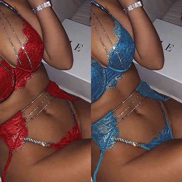 

nxy set sensual lingerie woman metal diamond underwear floral lace push up bra brief  erotic 1222, Red;black