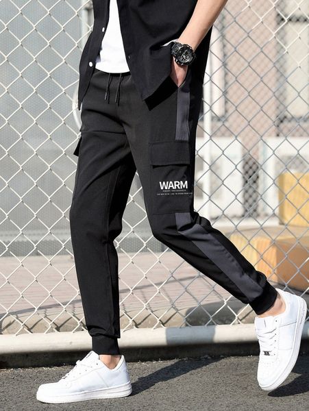 

men slogan graphic contrast side seam utility pocket drawstring waist joggers 62ot#, Black
