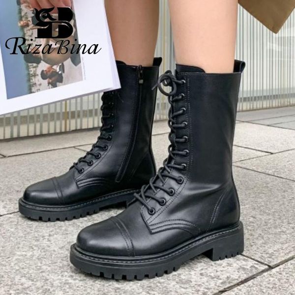 

rizabina real leather women mid calf boots round toe flats cross strap zipper shoes winter warm boots party footwear size 35-39, Black