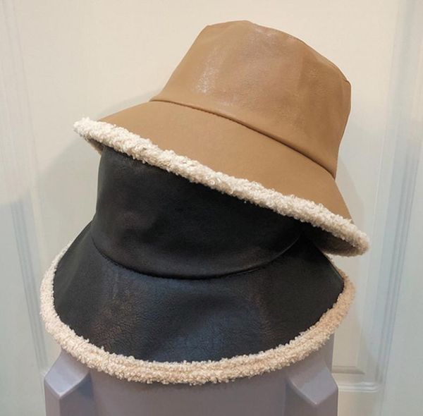 

new winter raw edgebucket hat women pu warm velvet solid bucket hats fashion single side panama fisherman caps tourism, Blue;gray