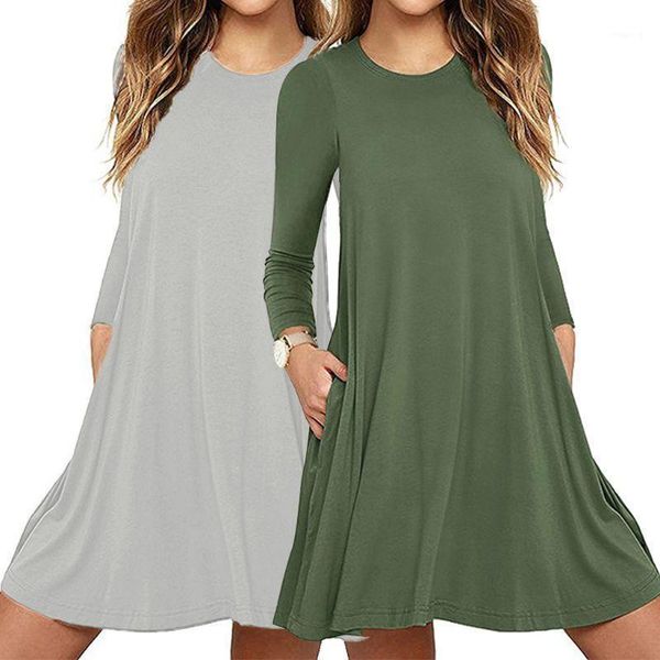 

yoga outfits womens autumn long sleeve round neck plain dress solid color pleated swing casual loose pullover streetwear with pockets1, White;red