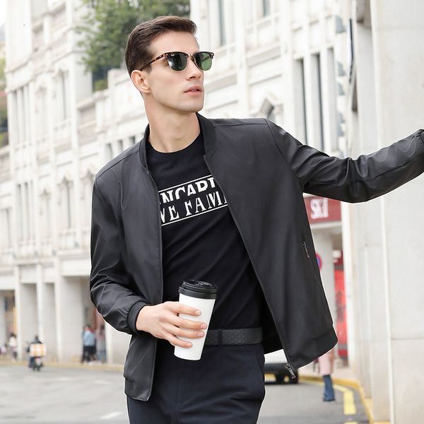 

2021 spring and autumn new men's thin baseball collar youth light business solid color zipper jacket, Black;brown
