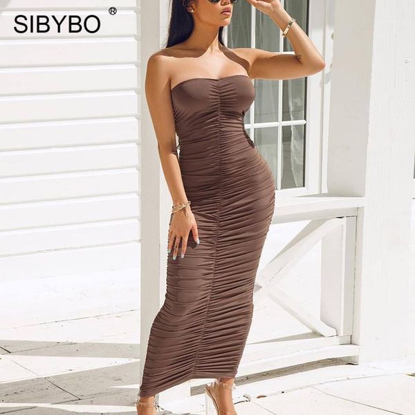 

sibybo strapless pleated autumn long dress women off shoulder backless bodycon dress club party maxi dresses for women1, Black;gray