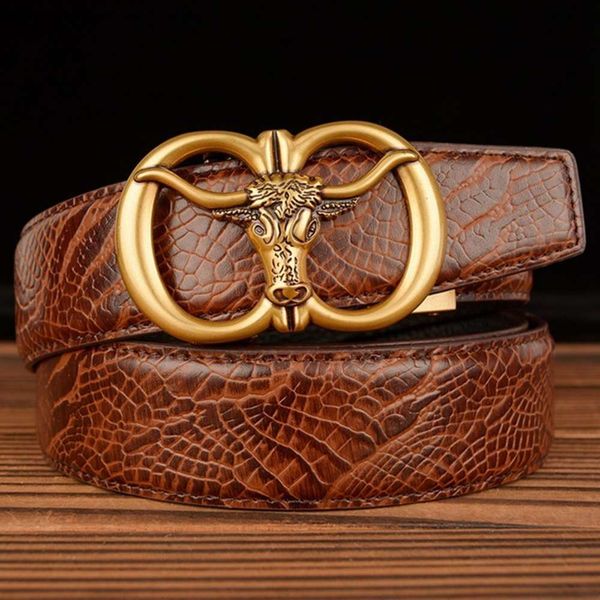 

new men's fashion cow's head automatic buckle brown real leather snake belt, Black;brown
