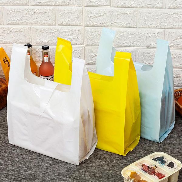 

gift wrap 50pcs solid color thicken plastic bagtakeaway dessert supermarket grocery shopping bags with handle packaging bag