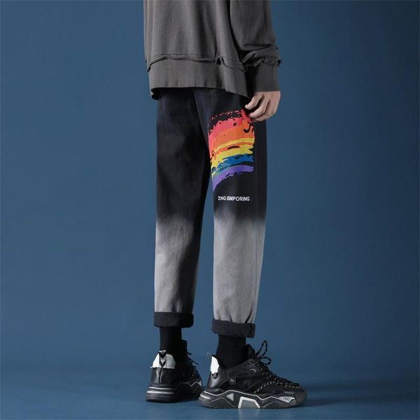 

men's jeans 2021 autumn brand cool men student wide legs rainbow denim straight trousers male streetwear leggings cropped length pants, Blue