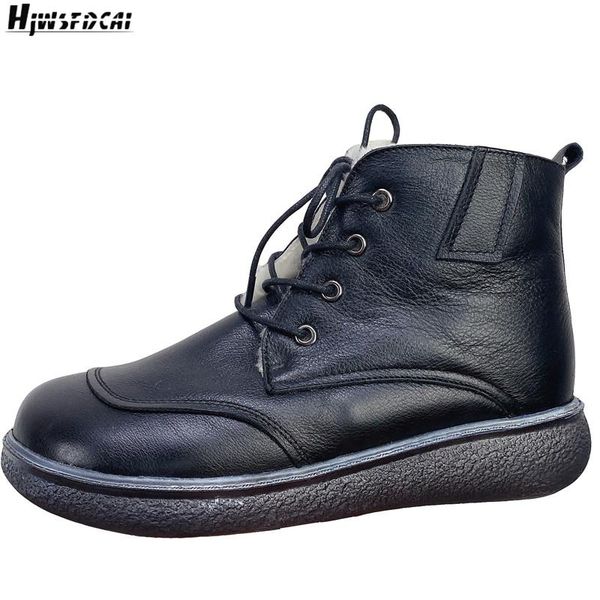 

hjwsfdcai cowhide leather round toe lace-up women snow boots wear-resistant ladies street style casual shoes wool mujer booties, Black