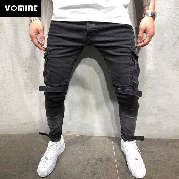 

men's jeans vomint men's european explosion style big pockets casual beaded pants slim moto size 28-401, Blue