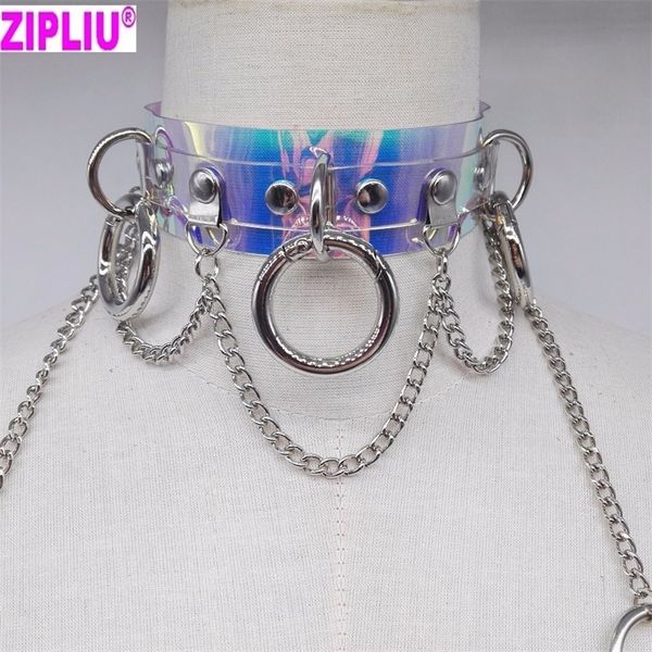

fashion harajuku handmade choker punk laser holographic leather collar belt necklace spikes chain torques club party two layers y200730, Silver