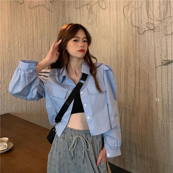 

casual preppy style loose crop autumn women blouses korean clothes ladies fashion brand solid shirts new hipster hot, White