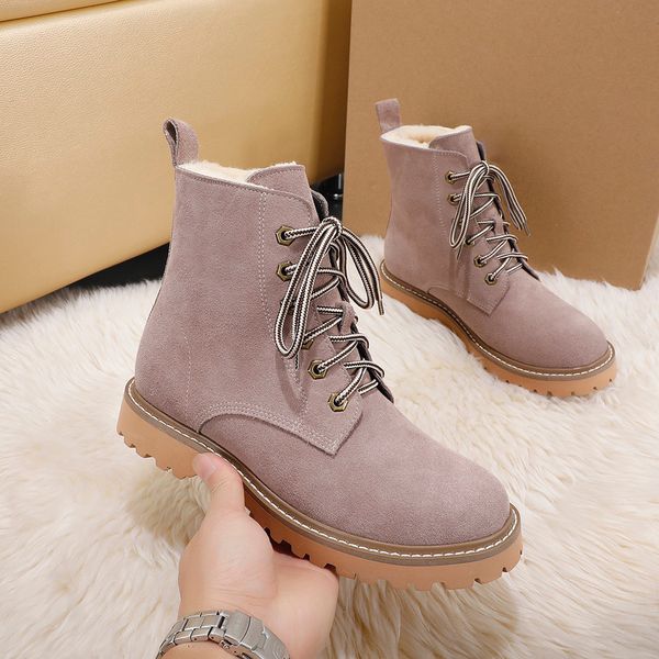 

designer womens boots luxury taro powder brown suede lace-up with fluff round head low heel boots with box size 35-44, Black
