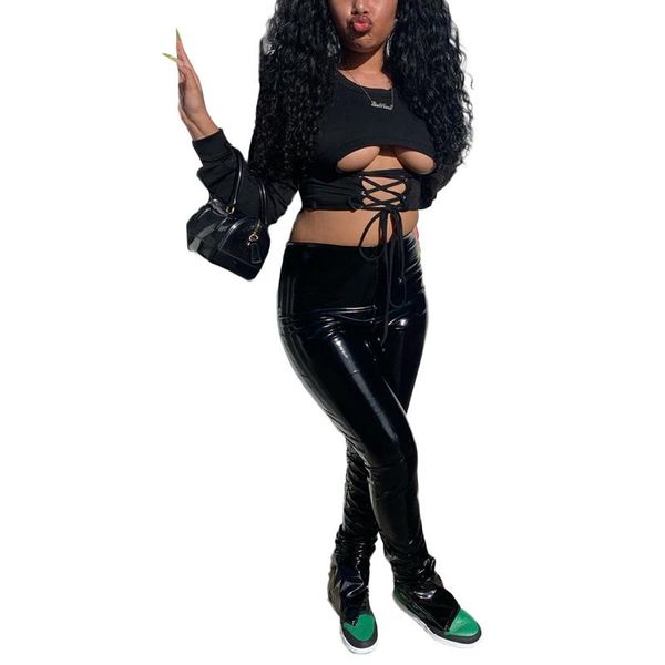 

2 piece set women spring autumn long sleeve lace up crop + stacked leggings pants streetwear ensemble femme, Gray