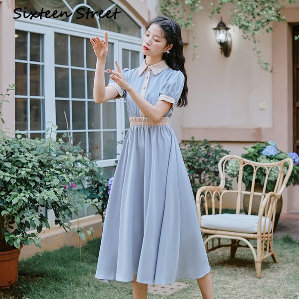 

2021 long midi short sleeve mid-calf vintage female office line lady shirt elegant blue summer dress f6nd, Black;gray