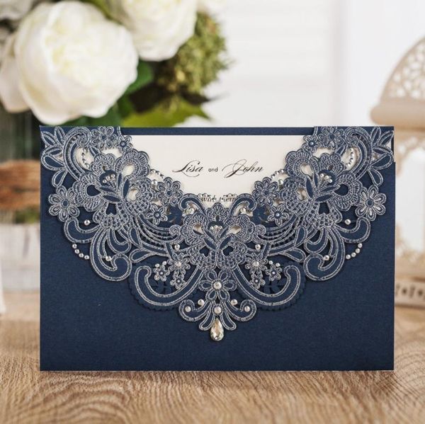

50pcs made navy blue laser cut lace flora wedding invitations cards with rhinestone for birthday baby shower engagement