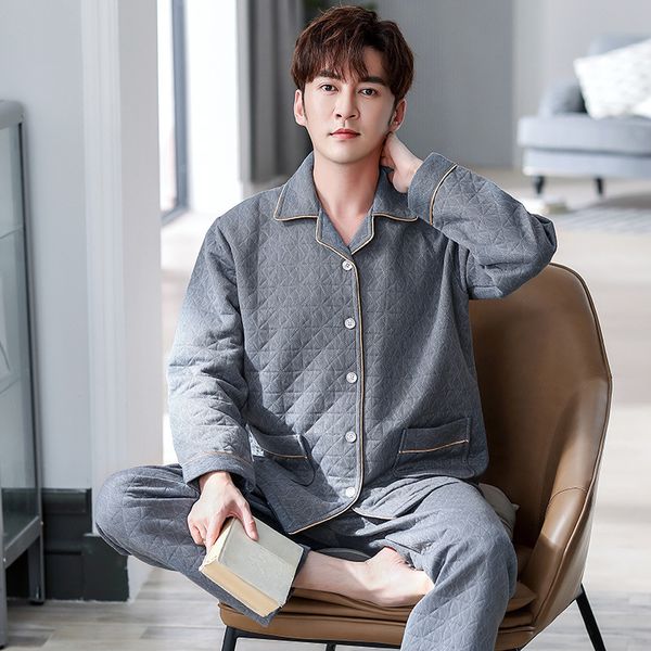 

pajamas spring autumn men's long-sleeved sand korean style simple loose sleepwear air cotton two-piece suit nightwear, Black;brown