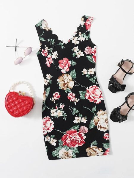 

girls scallop trim floral print dress she, Red;yellow