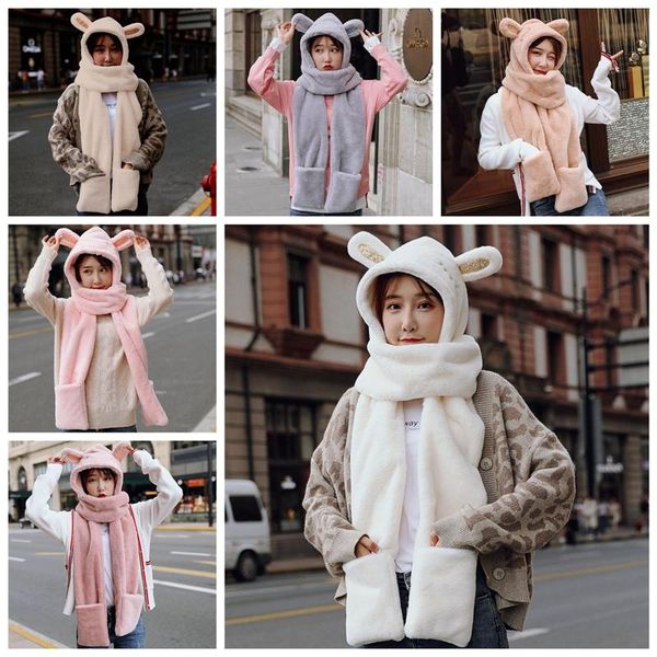 

womens 3 в 1 теплый плюшевый зимняя шапка милые уши животных шарф перчатки толстовки, Blue;gray