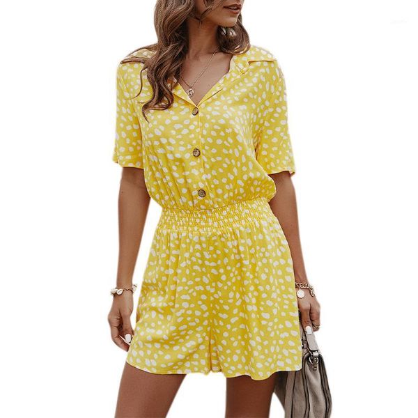 

women romper playsuits summer short sleeve elastic waist women clothing casual printed romper shorts button playsuit1, Black;white