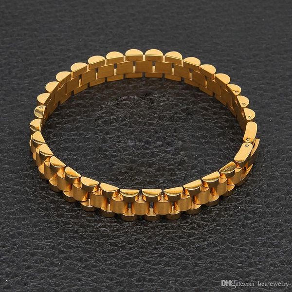 

24k gold plated watch strap link chain bracelet 21cm*1cm stainless steel style adjustable mens hip hop jewelry bangle cool gift, Black