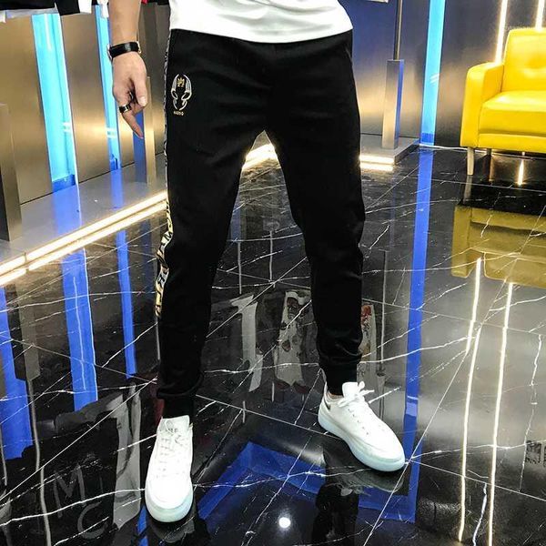 

men's pants men's 2021 autumn sports personalized handsome skull embroidery lace up elastic mid waist casual trend1, Black