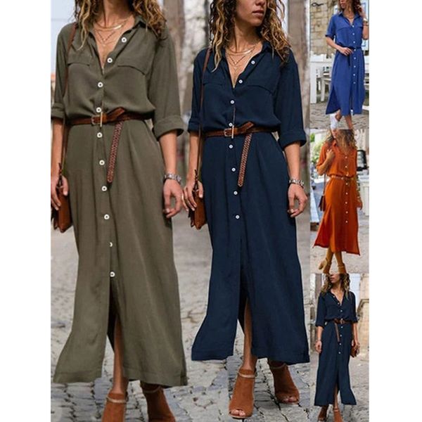 

women swing shirt dress fashion trend long sleeve cardigan lapel neck long skirt designer female spring new button casual loose dresses, Black;gray