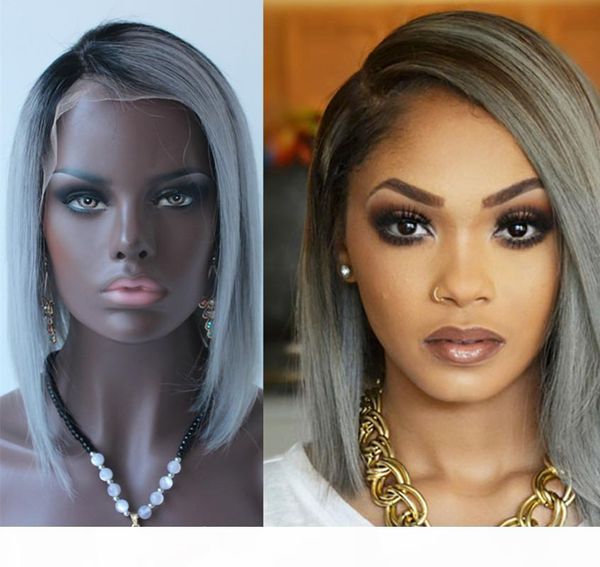 

1b grey dark root virgin human hair ombre bob full lace wig and lace front wig 1b grey silky straight ing, Black;brown