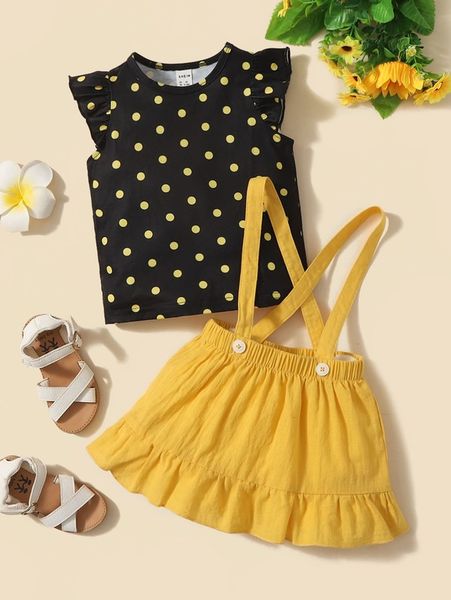 

baby polka dot ruffle sleeve & pinafore skirt she, White