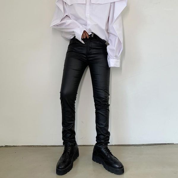 

men's slim feet pants fashion personalized imitation leather casual pants hair stylist trend coated trousers costumes1, Black
