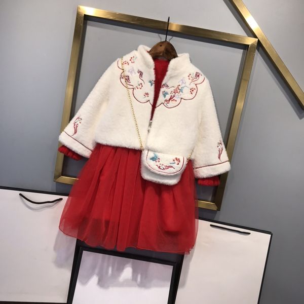 

2021 early spring new luxury design imported mink fleece dress dress super classic embroidery chinese style girl skirt ing, White