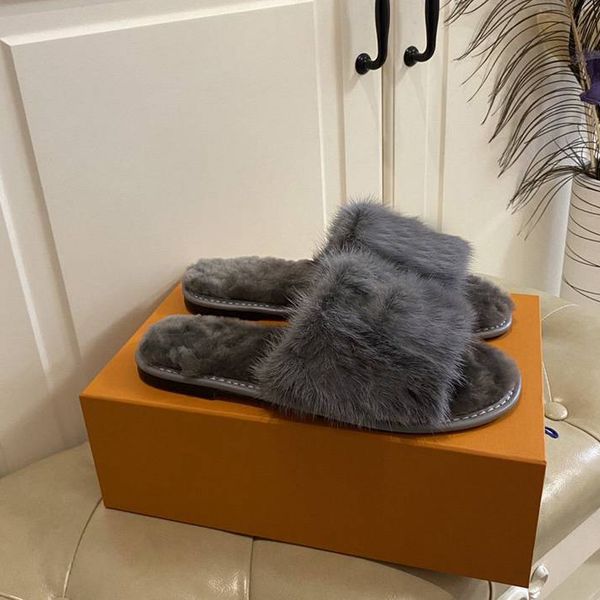

new fashion designer mink fur flat slides women men home slippers print slides indoor slippers with box, Black